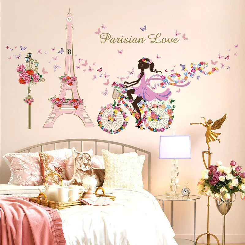 Romantic Paris Wall Sticker For Kids Rooms Eiffel Tower Flower Butterfly Fairy Girl Riding Art Decal Home Decor Mural