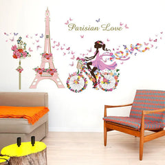 Romantic Paris Wall Sticker For Kids Rooms Eiffel Tower Flower Butterfly Fairy Girl Riding Art Decal Home Decor Mural