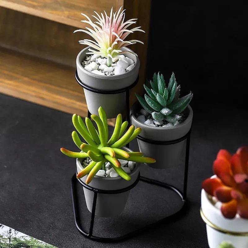 Tiered Ceramic Planters with Metal Stand